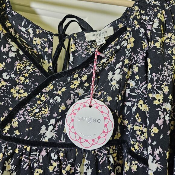 Umgee USA Women’s Black Dark Floral High Low Babydoll Velvet Trim Size Medium - Picture 6 of 11